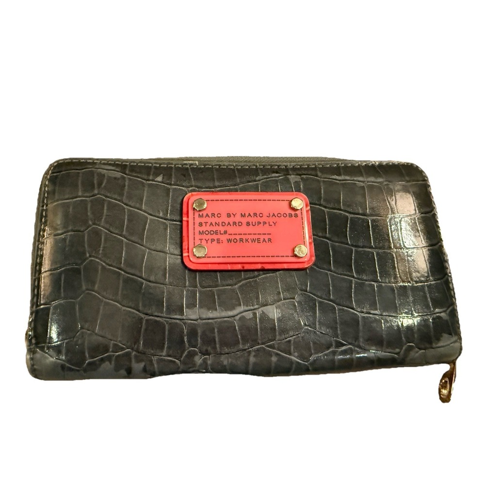 Marc by Marc Jacobs Black Croc Embossed Patent Zip Around Wallet Organizer